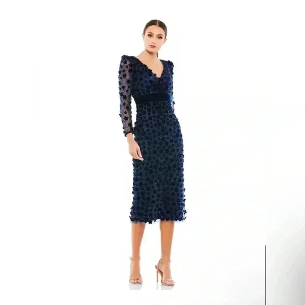 Mac Duggal Navy Blue Long Sleeve Midi Dress